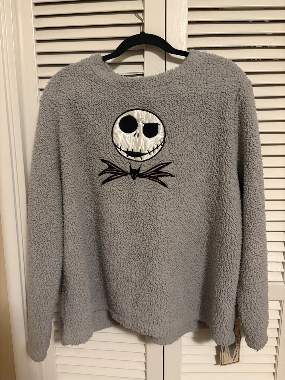 Gray Plush women’s Pullover Sweater with Jack Skeleton Motif embroidered